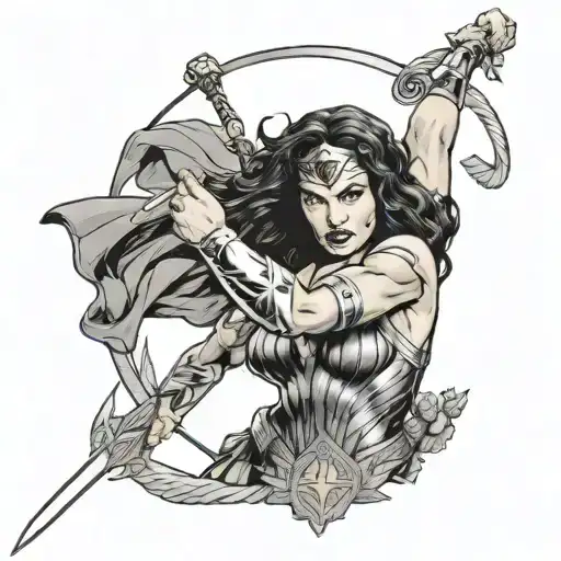 wonder woman holding a sword with her lasso of wisdom wrapped around her  tattoo design idea