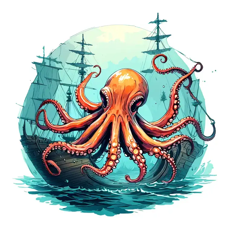 an octopus in a sunken ship under water tattoo design idea