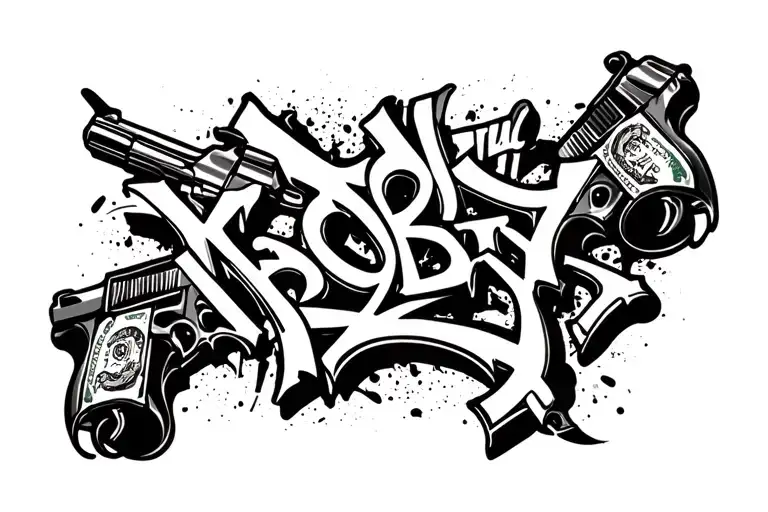 "Koby 18/7/24" graffiti cash girls guns money tattoo design idea