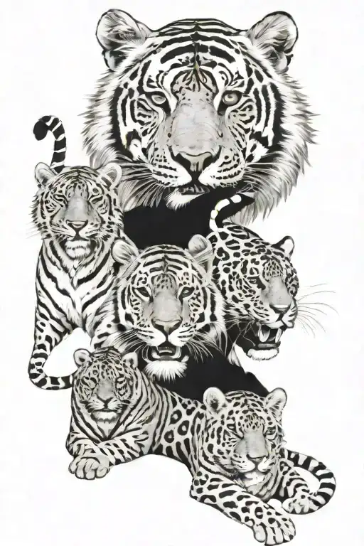 1 Tiger, 1 Lion, 1 Jaguar, 1 Leopard, 1 Snow leopard tattoo design idea