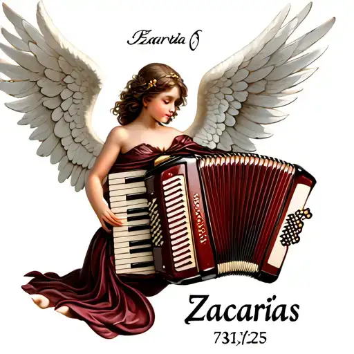 accordion with angel wings and name Zacarías and date 7/31/25  tattoo design idea