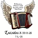 accordion with angel wings and name Zacarías and date 7/31/25  tattoo design idea