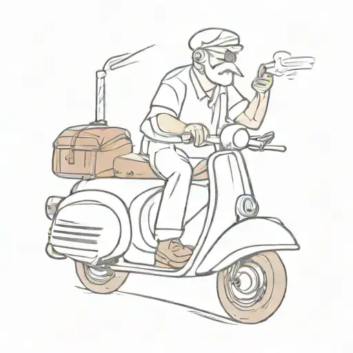 Create a tattoo sketch for of an old man wearing a flat cap and smoking a wooden pipe, riding a Vespa. tattoo design idea
