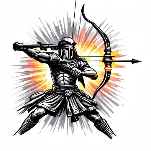 A tattoo of a Spartan warrior aiming a bow and arrow, with police lights flashing in the background, symbolizing the client's interests in shooting and law enforcement tattoo design idea