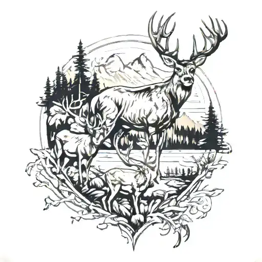 hunting fishing mountains family deer tattoo design idea