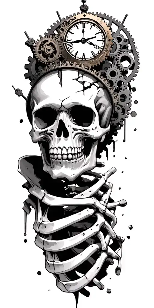 A blind folded skeleton with broken skull facing up with broken clockwork gears and cogs falling out of the crown of it' tattoo design idea
