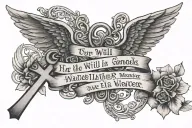 simple quote "for he will send his angels to watch over you wherever you go psalm 91:11" with small cross and angel wing tattoo design idea