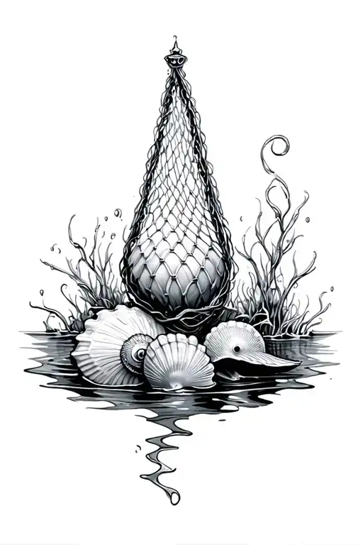 shells, fishing net and ocean water. make it similar to a mermaid's top tattoo design idea