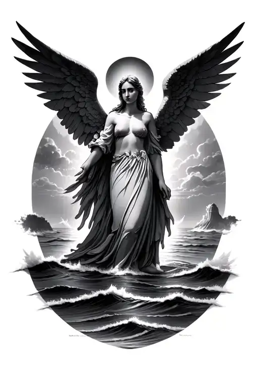 sunrise with an angels halonover the ocean tattoo design idea