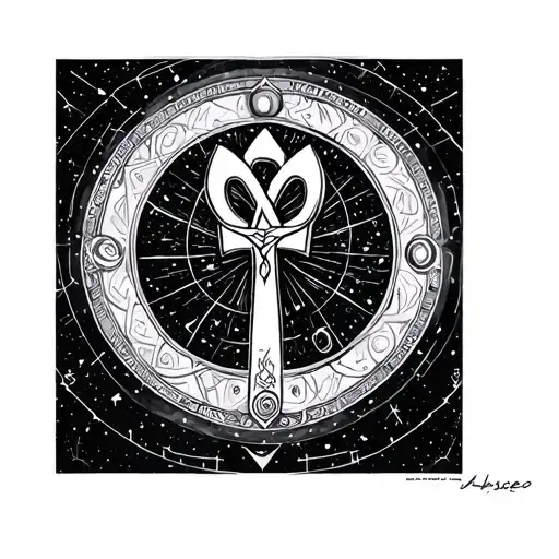  black and grey art of the comics, constellation with ankh  mandala background sci fi fantasy gothic hyper realistic --v tattoo design idea