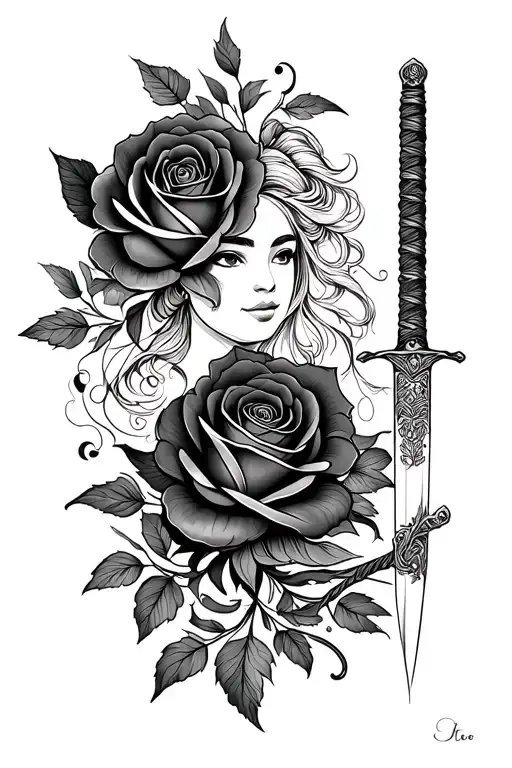 Create a tattoo featuring the rose from Beauty and the Beast and Mulan's katana in a stylized blackwork design tattoo design idea