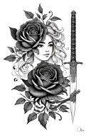 Create a tattoo featuring the rose from Beauty and the Beast and Mulan's katana in a stylized blackwork design tattoo design idea