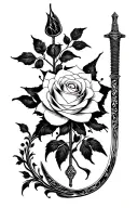 Create a tattoo featuring the rose from Beauty and the Beast and Mulan's katana in a stylized blackwork design tattoo design idea