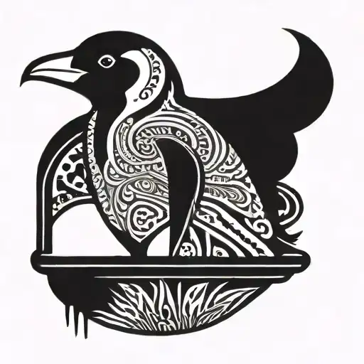 a penguin in a bin on acid colors with space tattoo design idea