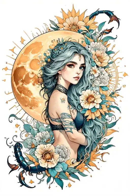 virgo sun, scorpio rising, cancer moon surrounded stylus femme tattoo design idea
