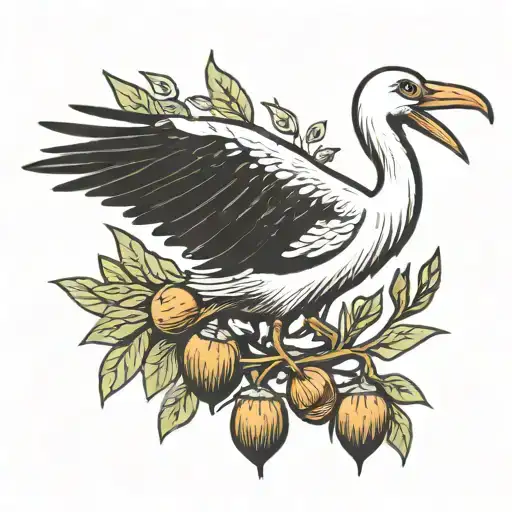 stork, acorn, olive tattoo design idea