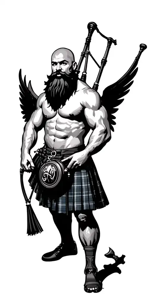 shirtless muscular bagpiper bald black beard  big black wings playing bagpipes in arm tattoo design idea