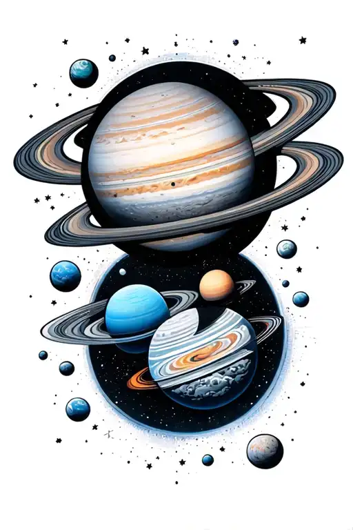 outerspace in black and grey with all the planets in color and comets  tattoo design idea
