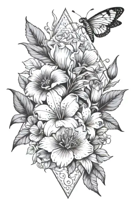 A dainty floral design including carnation, morning glory, water lily,  gladiolus, dragonfly and a triangle and armband tattoo design idea