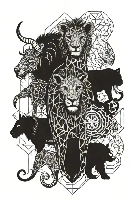 giraffe, lion, monkey, bear, owl and elephant playing tattoo design idea