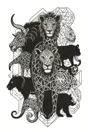 giraffe, lion, monkey, bear, owl and elephant playing tattoo design idea