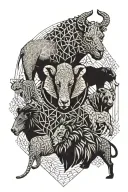 giraffe, lion, monkey, bear, owl and elephant playing tattoo design idea