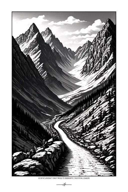 Pathway Through Mountains – A winding path through towering mountains, where the road is difficult and steep, but leads  tattoo design idea