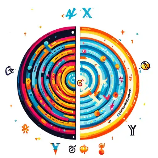 Front: Two large, colorful circle mazes—one with symbols of values (good side), one with symbols of vices (bad side). In tattoo design idea