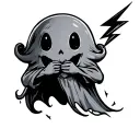 small cute ghost with a lightning bolt in its hands holding tattoo design idea