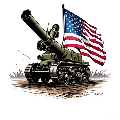 Make me a military tattoo design of a realistic military artillery around my right forearm with the American flag and Br tattoo design idea