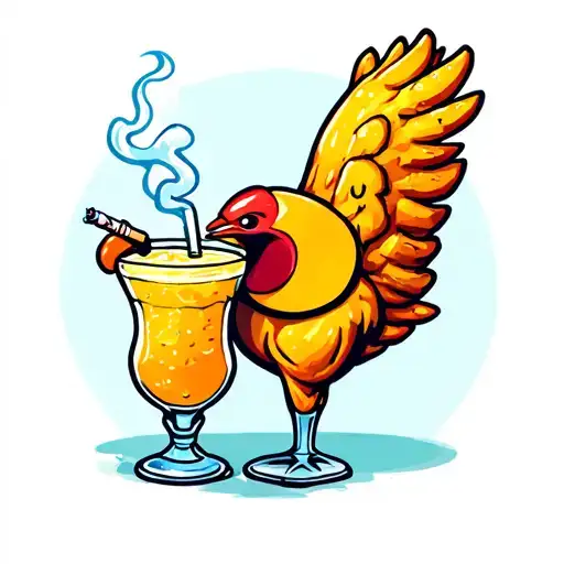Cartoon Chicken wing, smoking cigarette drinking frozen mango daquiri tattoo design idea