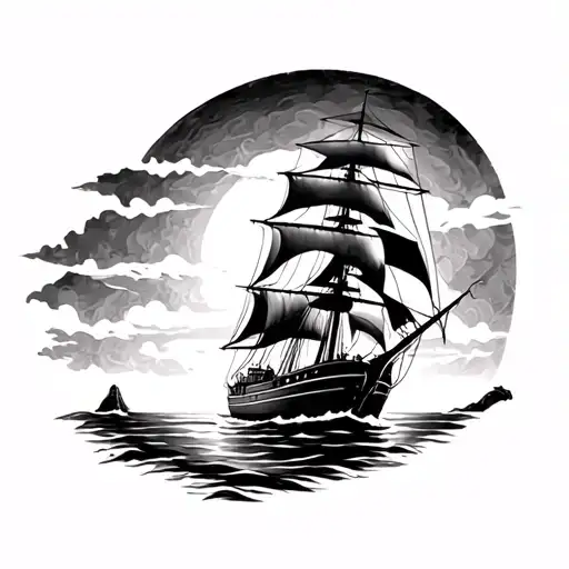 A left upper arm sleeve with the top having a big sailboat on the water in a sunset.  tattoo design idea