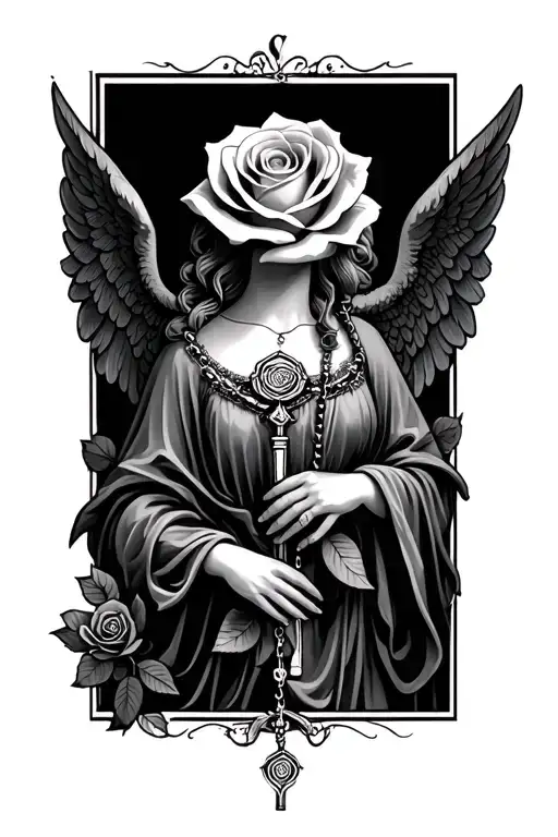 rose, rosary, grandma, angel wings tattoo design idea