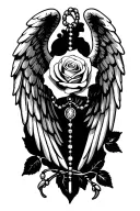 rose, rosary, grandma, angel wings tattoo design idea