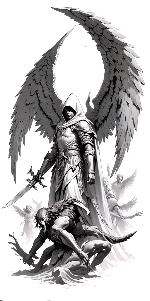 Hooded arc angel with armor and a sword flying down to defeat a demon with angels in the background tattoo design idea