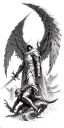 Hooded arc angel with armor and a sword flying down to defeat a demon with angels in the background tattoo design idea