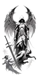 Hooded arc angel with armor and a sword flying down to defeat a demon with angels in the background tattoo design idea