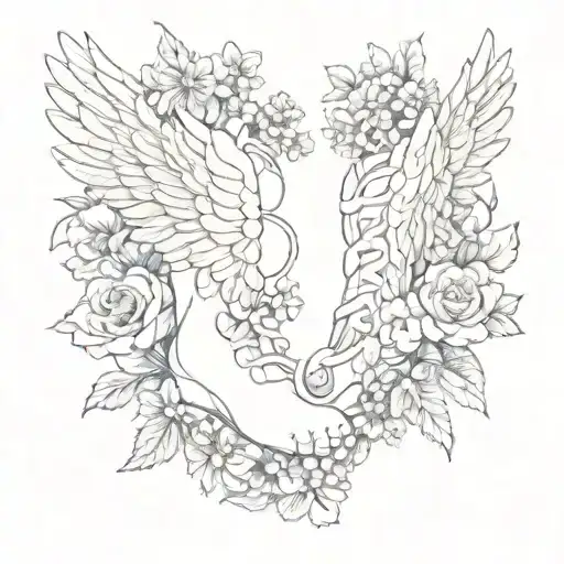 baby foot print and angel wings and flowers tattoo design idea