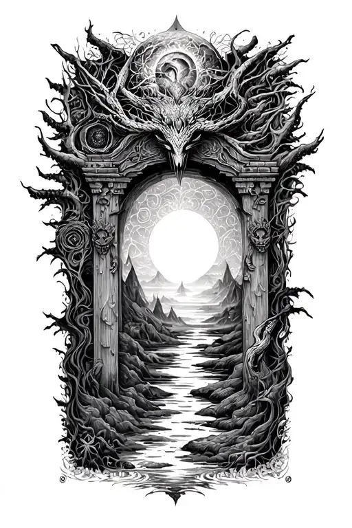 A mystical portal leading to another world with intricate details of otherworldly creatures and landscapes tattoo design idea