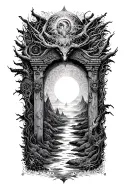 A mystical portal leading to another world with intricate details of otherworldly creatures and landscapes tattoo design idea