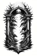 A mystical portal leading to another world with intricate details of otherworldly creatures and landscapes tattoo design idea