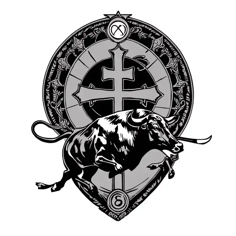 cross with Romani chakra wheel behind it and a bull chasing a matador flag tattoo design idea