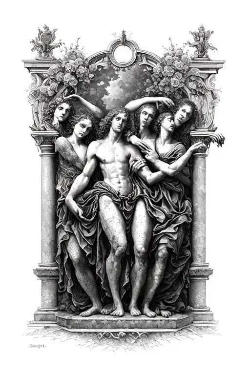 seven deadly sins in a Renaissance painting scene  tattoo design idea