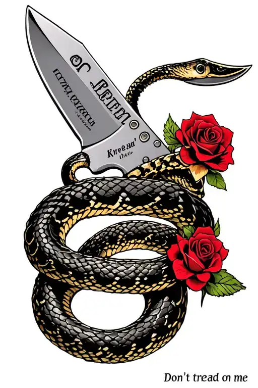 ka-bar knife with don't tread on me snake coiled and roses  tattoo design idea