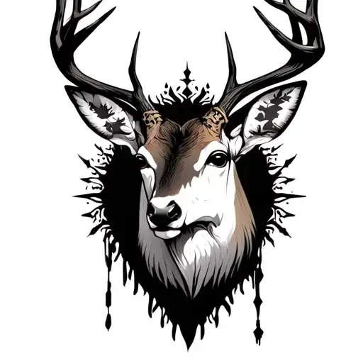 deer head, half dead with spiritual things attached to its horns. tattoo design idea