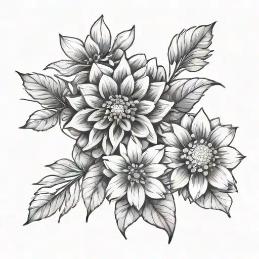 a dahlia, frangipani and gerbera intertwined tattoo design idea