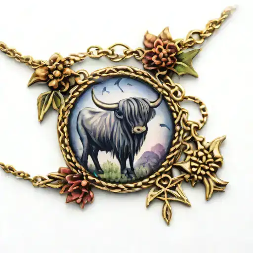 anklet bracelet with thistle, highland cow, three hearts, star, protective eye, treble clef, fairy charms tattoo design idea