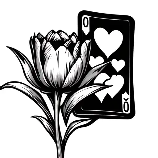 tulip and small playing cards and 3 hearts tattoo design idea