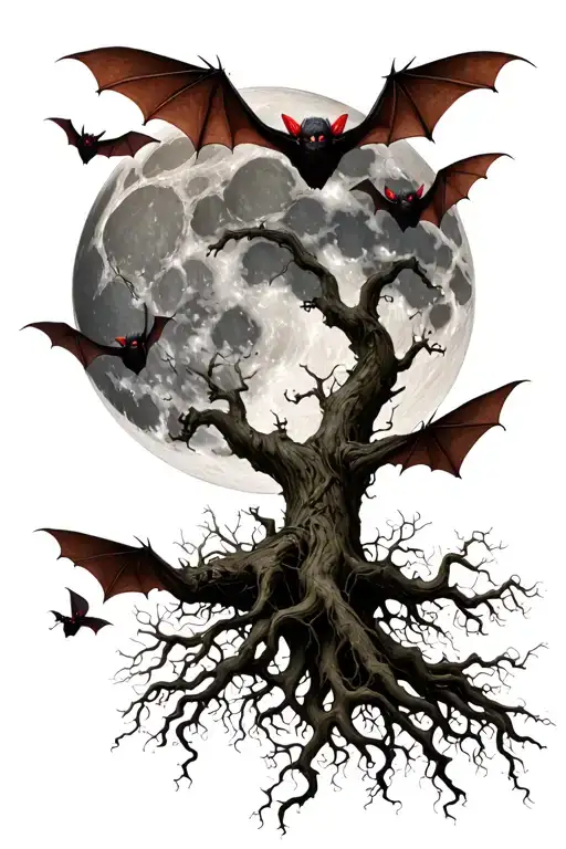 poison tree long roots moon  red eyed bats flying tattoo design idea