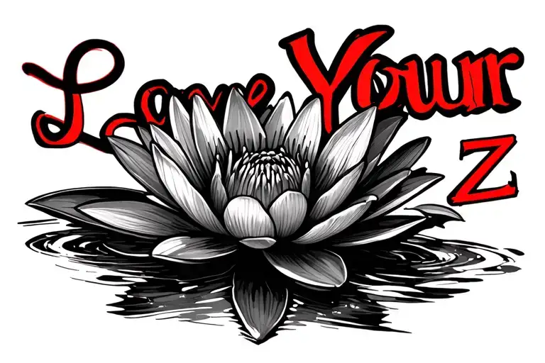 I want the tattoo to be black in a cursive font and say "Love Yourz" with a red "z" i also want it to involve waterlily  tattoo design idea
